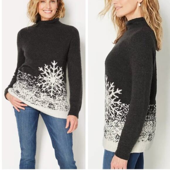 NEW J.Jill Large Sweater Intarsia Snowflake Funnel Neck Gray Holiday Christmas - Picture 8 of 10